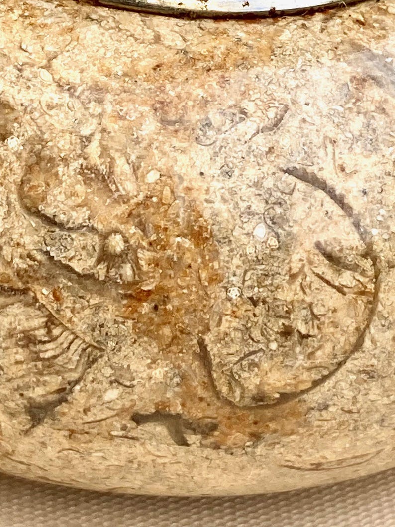 May include: Close-up of a beige, textured ceramic vessel with a fish design. The vessel has a rounded shape and a rough, uneven surface. The fish design is etched into the surface, adding a decorative element to the piece.