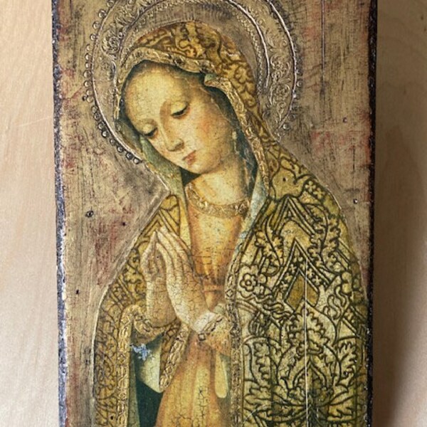 Icône sur bois reproduction ancienne Vierge Marie