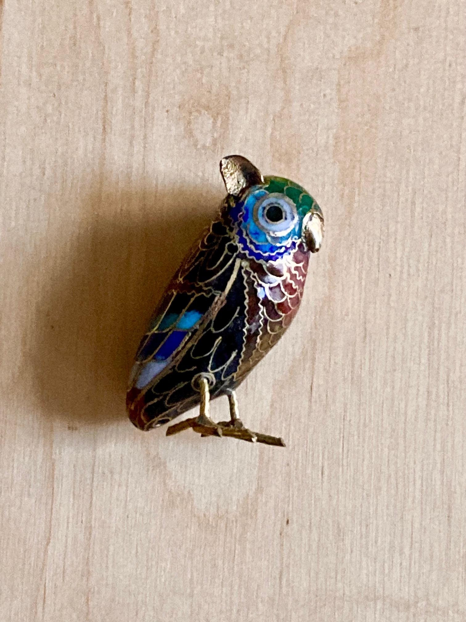 Figurine de hibou en émail cloisonné bleu cobalt vintage
