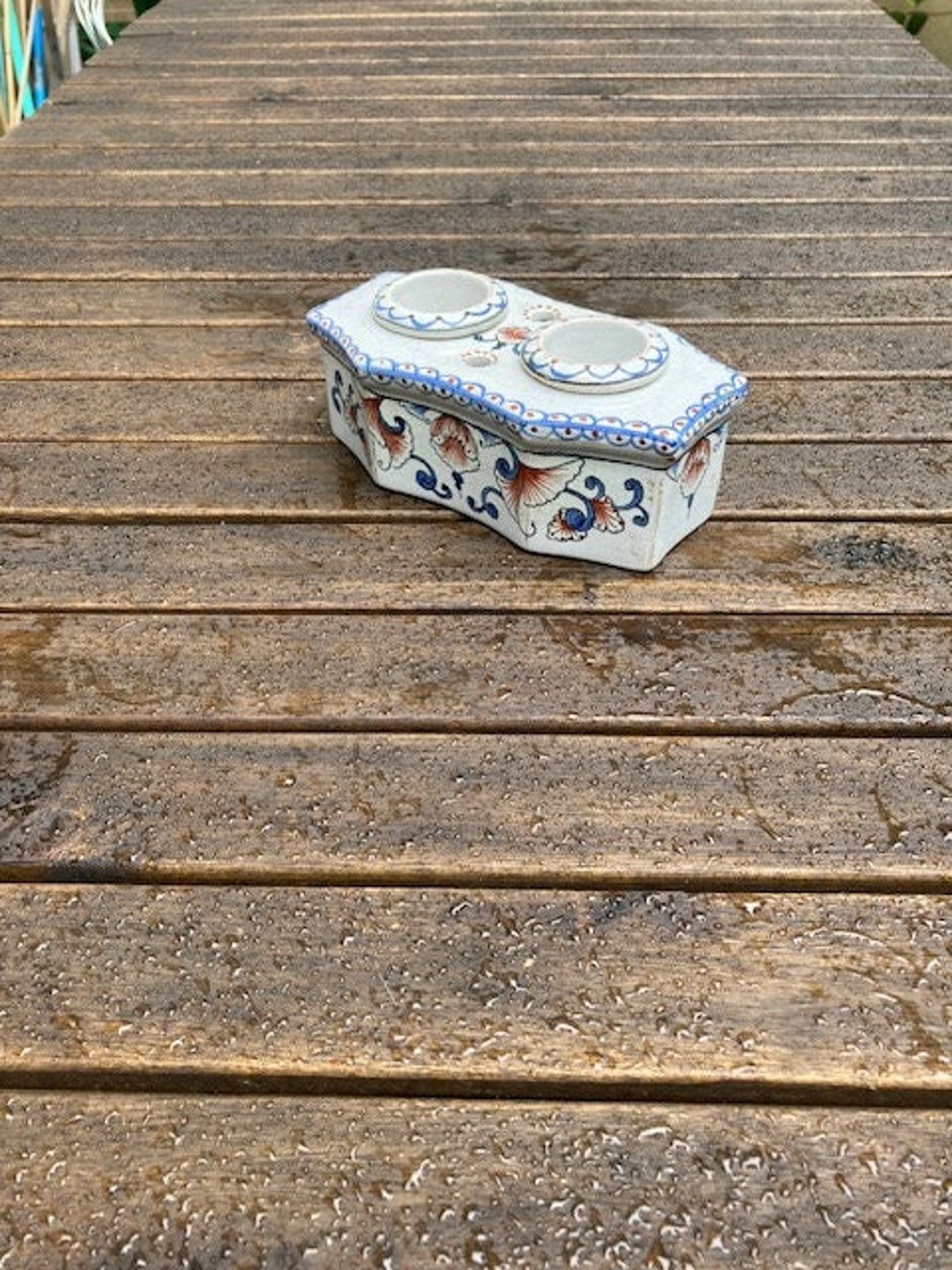 Antique Double Earthenware Inkwell With Hand-painted Floral Decoration ...