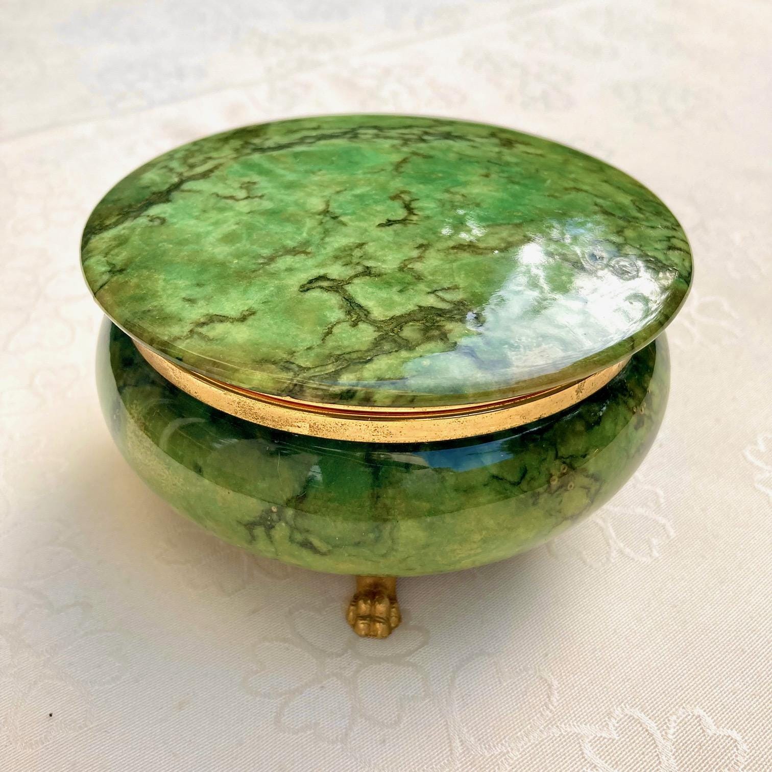 Petite Boîte à Bijoux Ancienne En Albâtre Vert - Décor Floral Gravé - Vintage