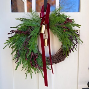 Cascading Norfolk Pine Christmas Wreath | Winter Greenery Front Door Wreath with Burgundy Berries, Cedar and Bells