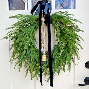 Winter Cascading Norfolk Pine Wreath with Cypress, Juniper Berries & Bells | Holiday Front Door Decor | Faux Evergreen Wreath for Christmas