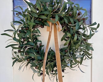 Year Round Olive Leaf Wreath for Front Door | Artificial Olive Wreath with Realistic Olives | Neutral Everyday Greenery Wreath