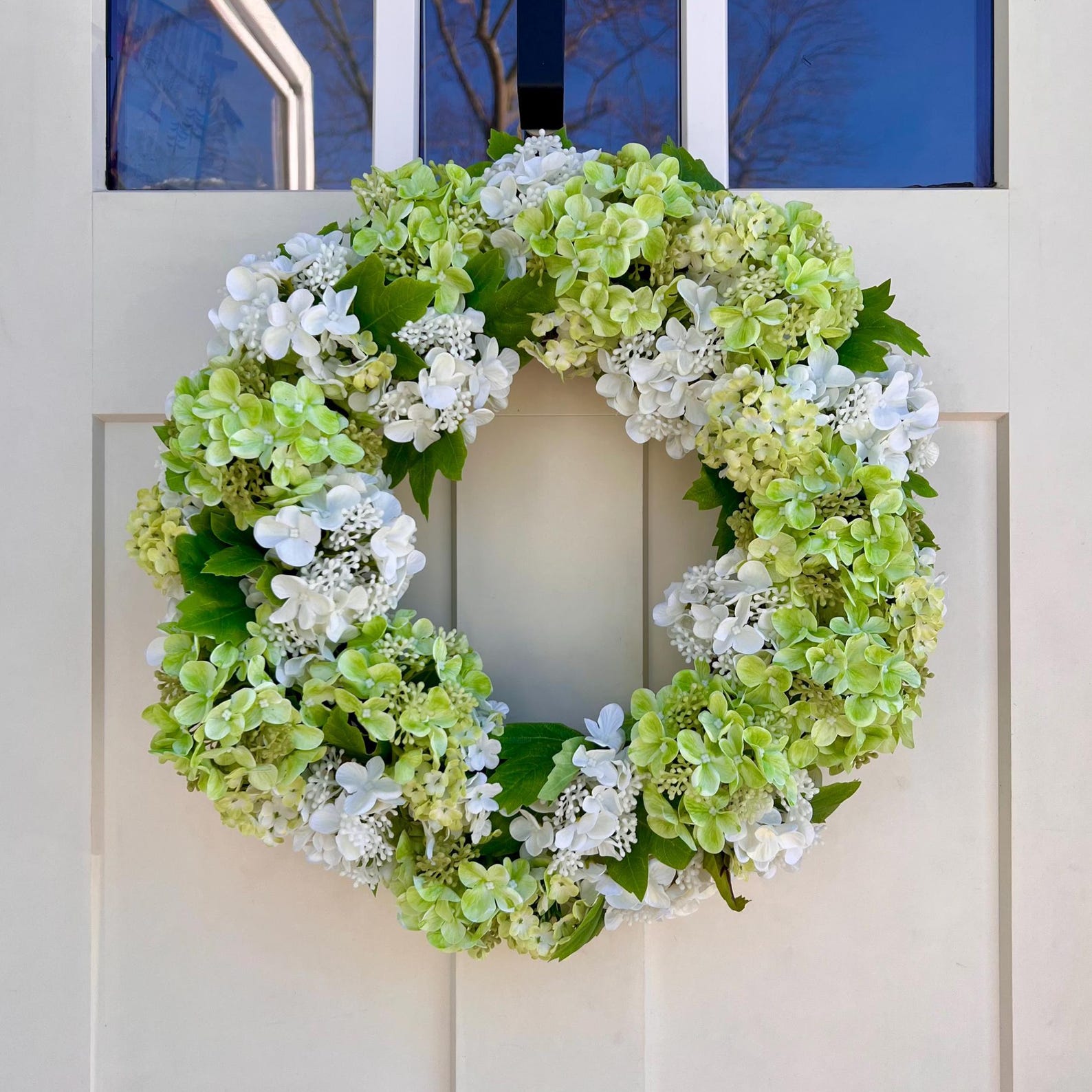 Real Touch Hydrangea Spring Wreath | Green and White Floral Wreath for Front Door | Neutral Luxury Spring Decor