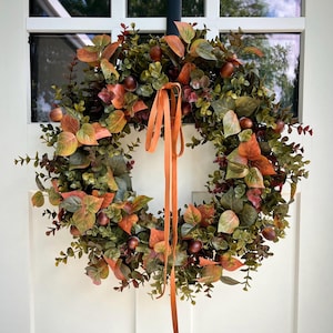 Fall Eucalyptus Wreath with Acorns | Rust Orange Fall Foliage Wreath | Cottage-Style Autumn Door Decor | Fall Farmhouse Front Door Wreath