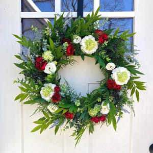 Red White and Blue Wreath for Front Door | Summer Patriotic Wreath | Entryway Decor 4th of July Wreath | Patriotic Decor |Faux Floral Wreath