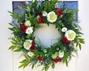 Red White & Blue Wreath for Front Door | Elegant Patriotic Summer Decor | Timeless Americana Floral Wreath