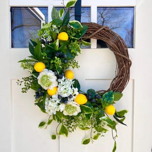 Lemon Blueberry Wreath for Front Door | Citrus Wreath | Farmhouse Entryway Decor | Yellow Blue Floral Summer Wreath | Spring Lemon Wreath
