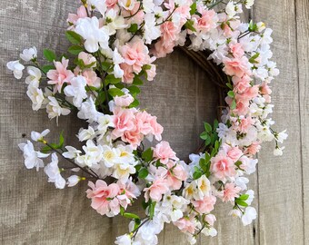 Spring Cherry Blossom Wreath for Front Door, Floral Wreath for Entryway, Blossom and Camellia Farmhouse Wreath, Mother's Day Gift