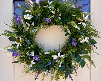 Garden Wildflower Wreath for Front Door | Elegant Spring Summer Floral Decor | Natural Meadow Inspired Wreath