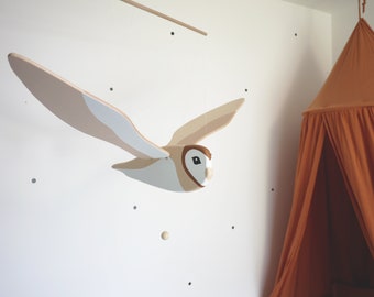 Barn owl bird mobile | Nursery owl mobile | Wooden flying birds | Children's room decoration