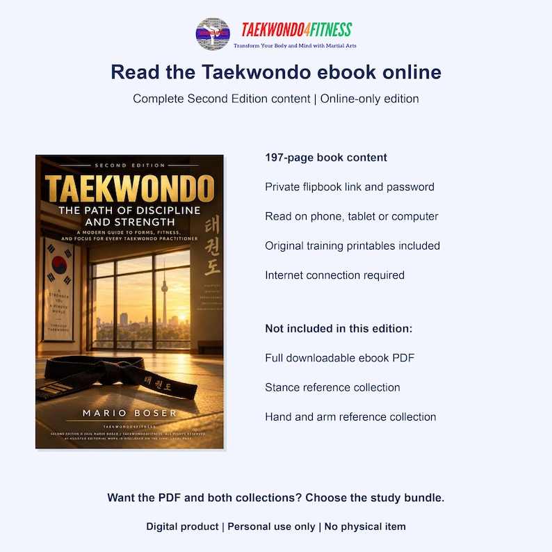 Op de afbeelding: Een digitale productadvertentie voor een 197 pagina's tellend Taekwondo-e-boek getiteld The Path of Discipline and Strength door Mario Boser. De afbeelding toont een zwarte band op de vloer voor een raam met uitzicht op een stad bij zonsondergang.