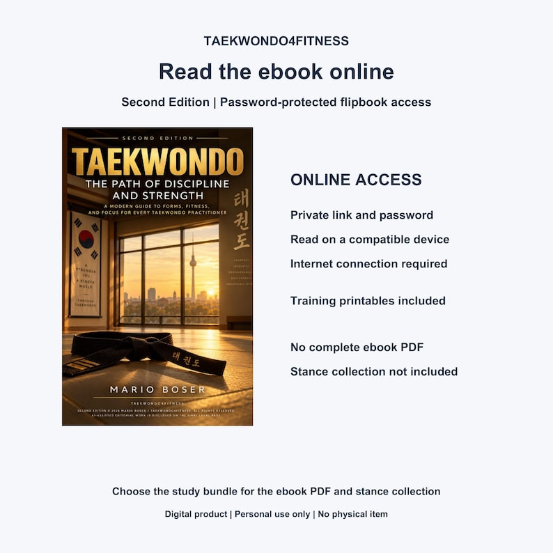 Actual Taekwondo Second Edition ebook cover with online-access details. Private link and password, internet required, training printables included. The full ebook PDF and stance collection are not included in this online-only listing.