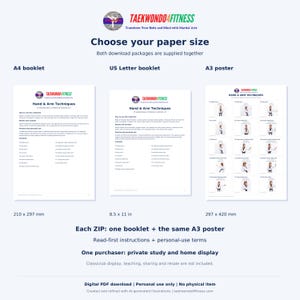 May include: A digital download set featuring Taekwondo4Fitness hand and arm techniques. Includes an A4 booklet, a US Letter booklet measuring 8.5 x 11 inches, and an A3 poster. The documents display instructional text and martial arts poses.