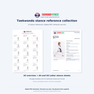 Taekwondo4Fitness digital stance reference collection: an A3 overview of 15 stance references beside an Ap-Kubi sheet. A4 and US Letter PDFs for personal use.