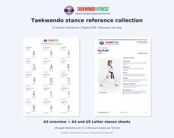 May include: A digital Taekwondo stance reference collection featuring 15 stance illustrations, technical checkpoints, and Korean and English names. Includes an A3 overview, A4 and US Letter sheets, and 18-page booklets in a digital PDF format.