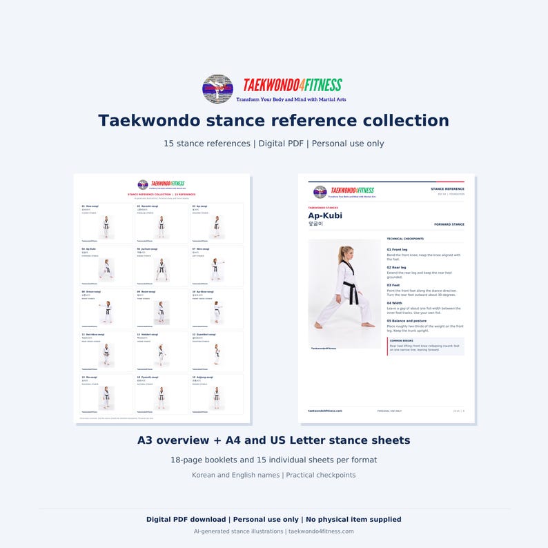 Taekwondo4Fitness digital stance reference collection: an A3 overview of 15 stance references beside an Ap-Kubi sheet. A4 and US Letter PDFs for personal use.