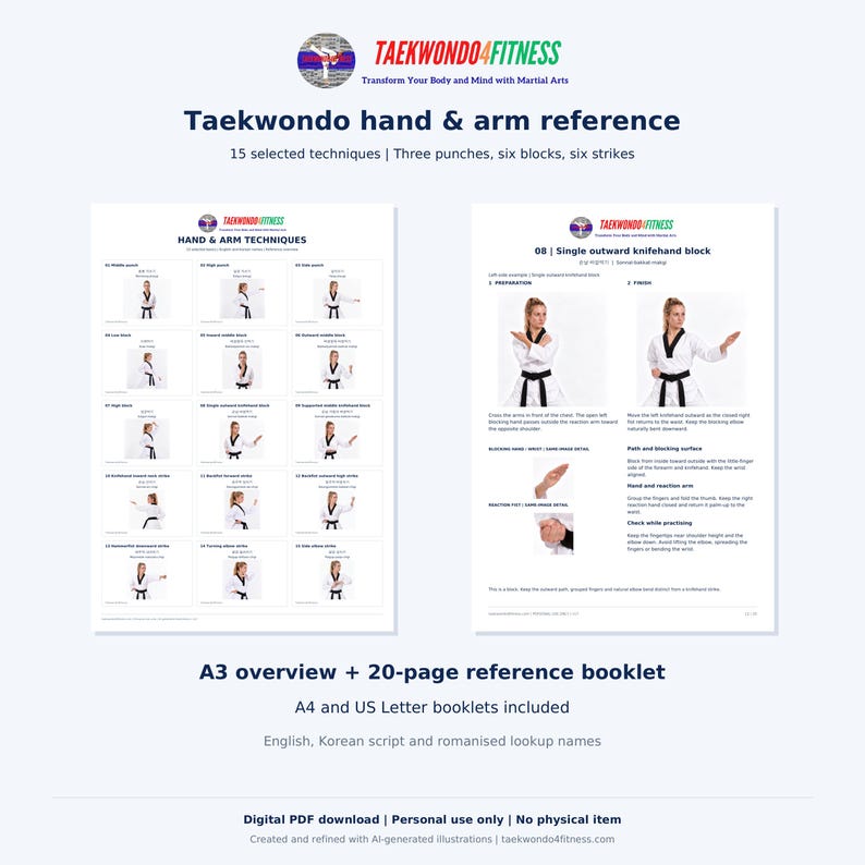 May include: A Taekwondo hand and arm reference guide featuring an A3 overview sheet and a 20-page booklet. The materials display 15 techniques, including punches, blocks, and strikes, with English and Korean text, illustrations, and diagrams.