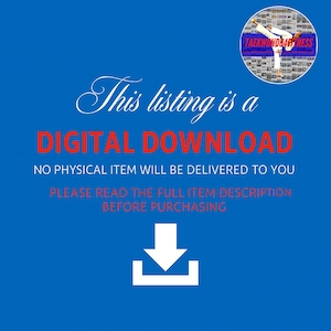Op de afbeelding: Een blauwe digitale downloadmelding met een cirkelvormige afbeelding van een persoon in een wit taekwondo-uniform die een trap uitvoert. De tekst luidt: This listing is a DIGITAL DOWNLOAD, NO PHYSICAL ITEM WILL BE DELIVERED TO YOU.