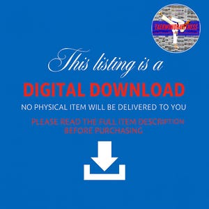 May include: A blue digital download notice featuring a circular graphic of a person performing a taekwondo kick with the text TAEKWONDO4FITNESS. The image includes the text This listing is a DIGITAL DOWNLOAD, NO PHYSICAL ITEM WILL BE DELIVERED TO YOU, PLEASE READ THE FULL ITEM DESCRIPTION BEFORE PURCHASING, and a white download icon.