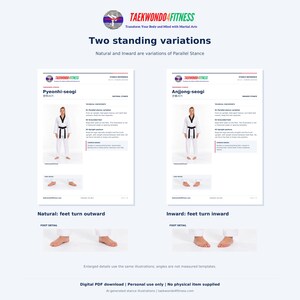 Puede incluir: Un documento instructivo digital titulado Taekwondo4Fitness Two standing variations, que muestra las posturas Pyeonhi-seogi y Anjjong-seogi. Incluye diagramas de una persona con uniforme blanco, detalles de los pies y texto t&eacute;cnico.