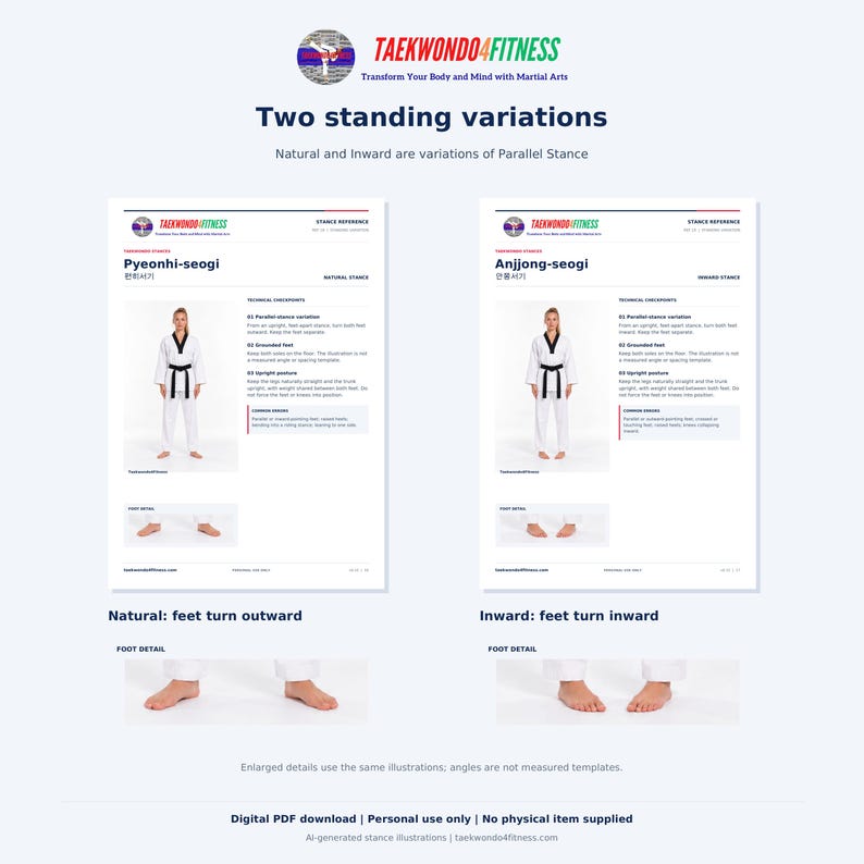 Puede incluir: Un documento instructivo digital titulado Taekwondo4Fitness Two standing variations, que muestra las posturas Pyeonhi-seogi y Anjjong-seogi. Incluye diagramas de una persona con uniforme blanco, detalles de los pies y texto t&eacute;cnico.
