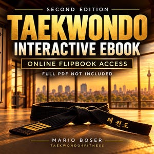 Op de afbeelding: Een zwarte taekwondogordel met gouden strepen en Koreaanse tekst ligt op een houten vloer. De tekst luidt: SECOND EDITION TAEKWONDO INTERACTIVE EBOOK ONLINE FLIPBOOK ACCESS FULL PDF NOT INCLUDED MARIO BOSER TAEKWONDO4FITNESS.