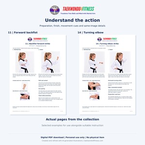 May include: An instructional document titled TAEKWONDO4FITNESS featuring two sections: 11 Forward backfist and 14 Turning elbow. It displays diagrams of martial arts techniques with text descriptions, movement cues, and close-up fist details.