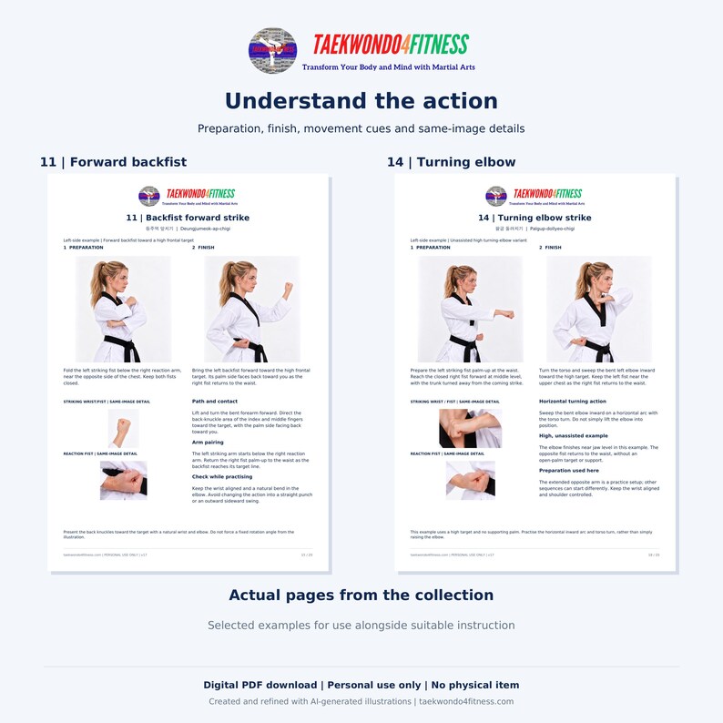 May include: An instructional document titled TAEKWONDO4FITNESS featuring two sections: 11 Forward backfist and 14 Turning elbow. It displays diagrams of martial arts techniques with text descriptions, movement cues, and close-up fist details.