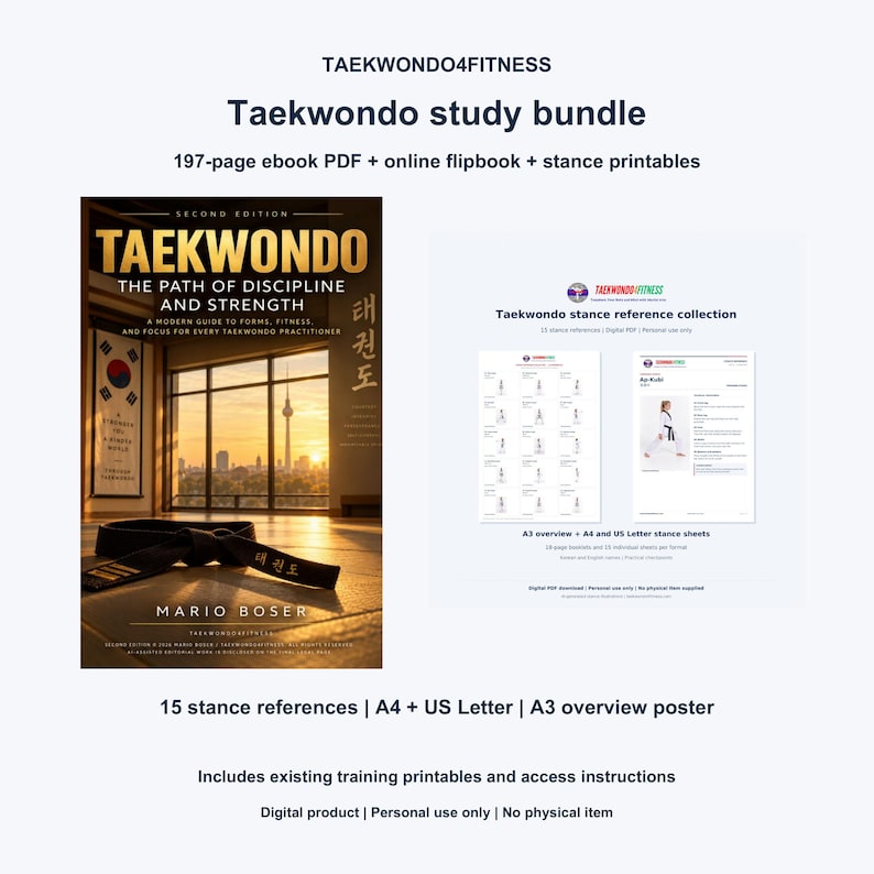 Taekwondo study bundle showing the actual Second Edition ebook cover beside the 15-stance reference collection. Includes a 197-page PDF, online flipbook, A4 and US Letter stance sheets and A3 overview poster.