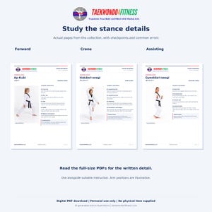 Puede incluir: Tres p&aacute;ginas instructivas tituladas Taekwondo4Fitness que muestran detalles de posturas. Cada p&aacute;gina presenta a una persona con uniforme blanco y cintur&oacute;n negro demostrando las posturas Forward, Crane y Assisting con texto.