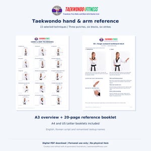 May include: A Taekwondo hand and arm reference guide featuring an A3 overview sheet and a 20-page booklet. The materials display 15 techniques, including punches, blocks, and strikes, with English and Korean text, illustrations, and diagrams.