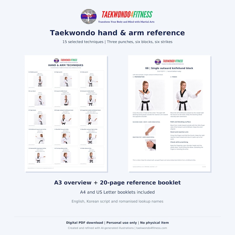 May include: A Taekwondo hand and arm reference guide featuring an A3 overview sheet and a 20-page booklet. The materials display 15 techniques, including punches, blocks, and strikes, with English and Korean text, illustrations, and diagrams.