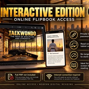 Op de afbeelding: Een laptop en smartphone tonen een interactieve digitale editie van het boek Taekwondo: The Path of Discipline and Strength door Mario Boser. Het scherm toont een zwarte band en een beoefenaar in uniform tegen een zonsondergang boven de stad.