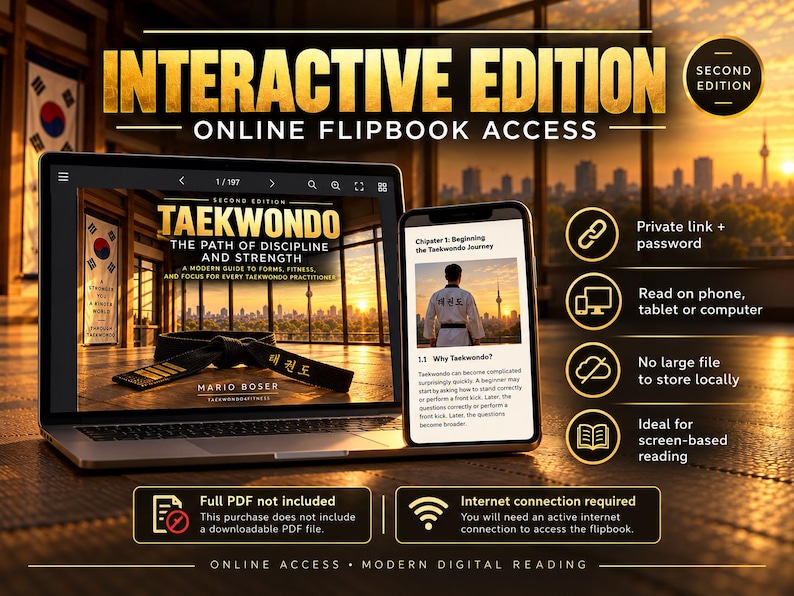 Op de afbeelding: Een laptop en smartphone tonen een interactieve digitale editie van het boek Taekwondo: The Path of Discipline and Strength door Mario Boser. Het scherm toont een zwarte band en een beoefenaar in uniform tegen een zonsondergang boven de stad.