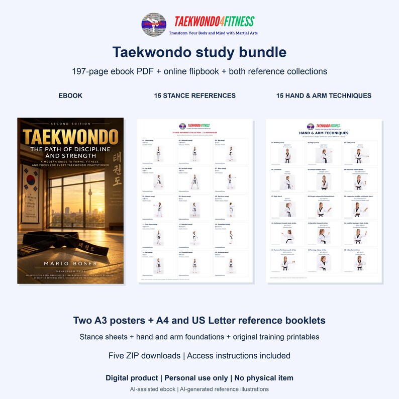 May include: A Taekwondo study bundle featuring a 197-page ebook titled Taekwondo The Path of Discipline and Strength, 15 stance reference sheets, and 15 hand and arm technique reference sheets. Includes A3 posters and A4 and US Letter booklets.