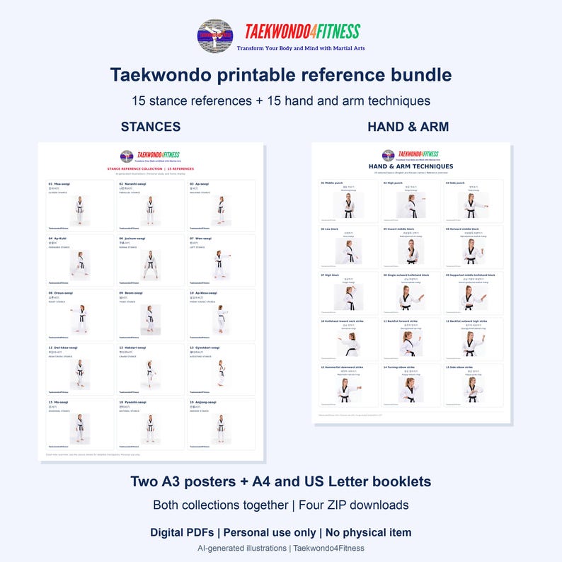 Puede incluir: Un paquete de referencia imprimible de Taekwondo con dos p&oacute;steres titulados Stances y Hand & Arm Techniques. Cada p&oacute;ster contiene 15 movimientos de artes marciales ilustrados con etiquetas de texto. Incluye folletos digitales en PDF A4 y US Letter.