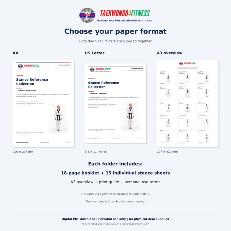 A4 and US Letter booklet covers beside the A3 overview. Each download folder includes an 18-page booklet, 15 individual sheets, overview, print guide and personal-use terms.