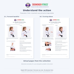 Puede incluir: Un documento instructivo titulado TAEKWONDO4FITNESS que presenta dos secciones: 11 Forward backfist y 14 Turning elbow. Muestra diagramas de t&eacute;cnicas de artes marciales con descripciones de texto, se&ntilde;ales de movimiento y detalles de pu&ntilde;os.