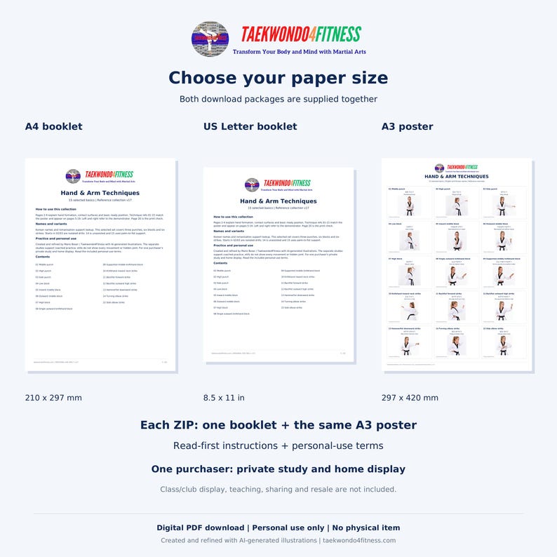 Puede incluir: Un conjunto de descarga digital con t&eacute;cnicas de mano y brazo de Taekwondo4Fitness. Incluye un folleto A4, un folleto US Letter y un p&oacute;ster A3 de 297 x 420 mm. Los documentos muestran texto instructivo y poses de artes marciales.