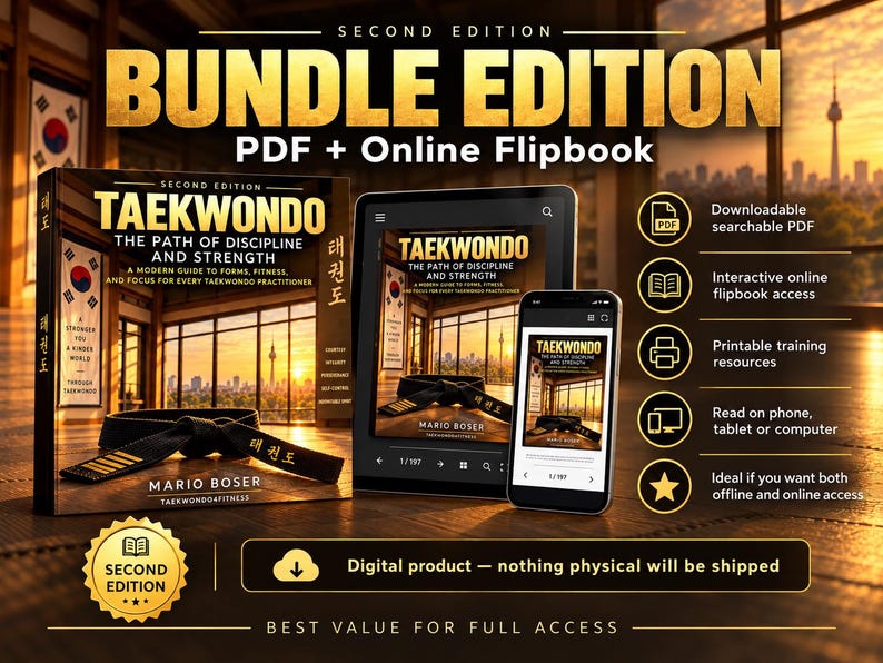 May include: A digital bundle edition of the book Taekwondo: The Path of Discipline and Strength by Mario Boser, featuring a physical book cover, a tablet, and a smartphone displaying the content, with icons for PDF and online access.