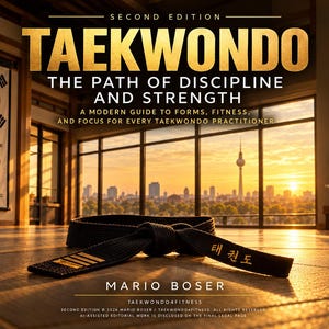 May include: A book cover titled Taekwondo: The Path of Discipline and Strength, Second Edition by Mario Boser. It features a black martial arts belt with gold embroidery resting on a floor in front of a large window overlooking a city.
