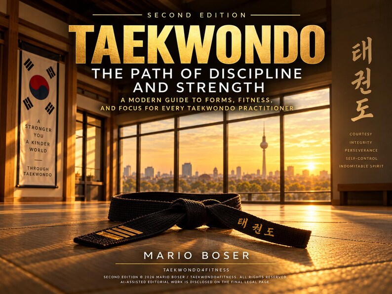 May include: A book cover titled Taekwondo: The Path of Discipline and Strength, Second Edition by Mario Boser. It features a black martial arts belt with gold embroidery resting on a floor in front of a large window overlooking a city.
