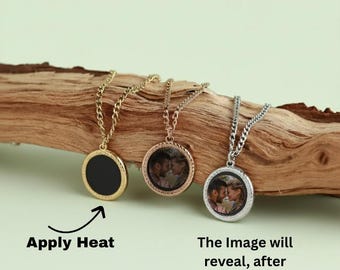 Custom Round Heat Activated Photo Necklace, Temperature Reveal Locket Jewelry, Personalized  Picture Pendant Christmas Gift for Him or Her