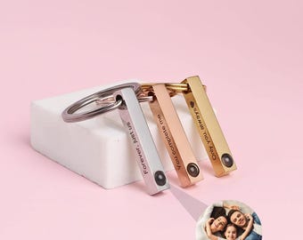 Custom Photo Projection 3D Bar Keychain with Engraving, Custom Picture With Engraved Initial Keyring, Memorial Pet Loss, Gift for Her or Him