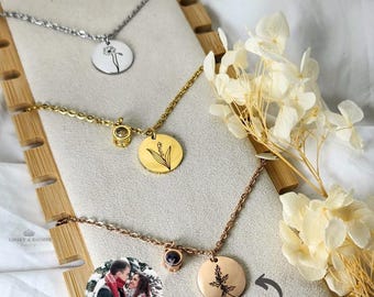 Photo Projection Necklace, Engraved Birth Month Flower Necklace Custom Photo Pendant Annivasary Gift Couples Necklace Christmas Gift For Her