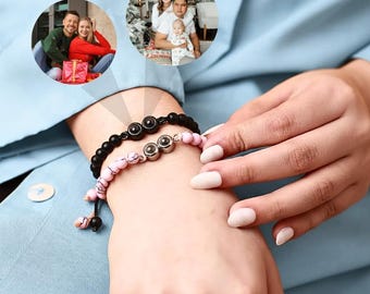 Personalized Frosted Stone Double Pendant Projection Bracelet, Photo Bracelet, Couples Bracelet, Beaded Bracelet, Christmas Gift for Her/Him
