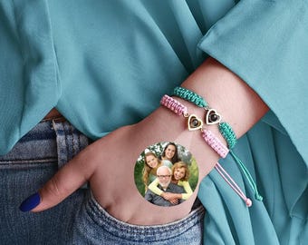 Photo Projection Bracelet, Heart Braided Rope Bracelet, Custom Wristband, Handmade Jewelry For Mama, Personalized Memorial Gift for Her Him