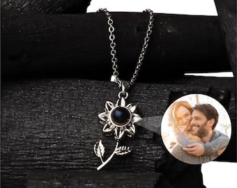 Personalized Sunflower Projection Necklace, Picture Pendant, Sterling Silver Keepsake Floral Jewelry, Memorial Christmas Gift for Girlfriend